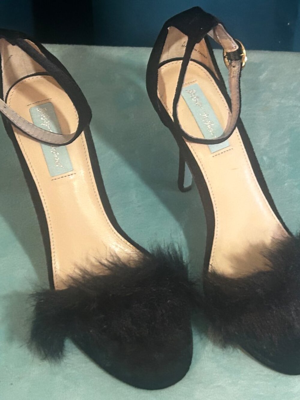 Betsey Johnson Nolte Black Velvet Faux Fur Stiletto Sandals – Rhinestone Buckle